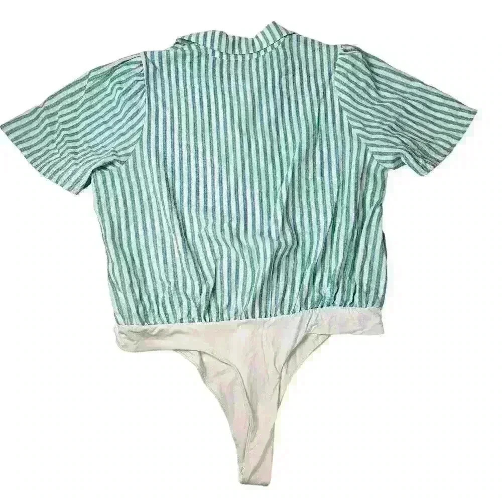 Draper James Button Front Striped Linen Bodysuit Collared Size XL